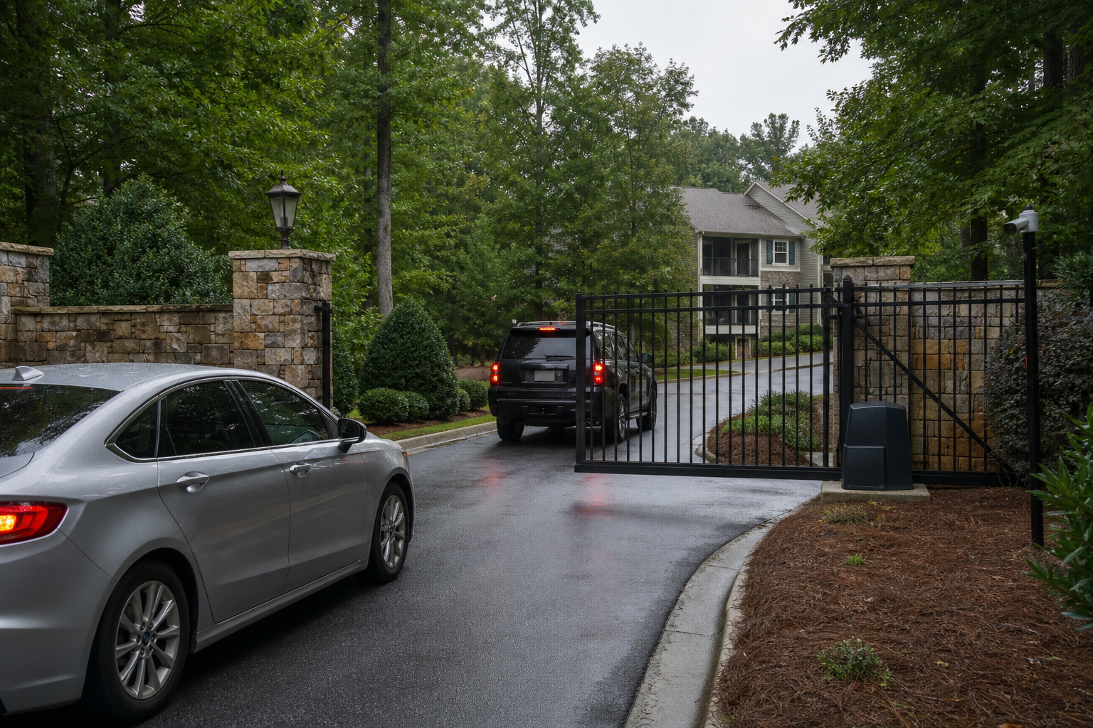 Vehicle gate closing behind a single car with a second car stopped short in the entry lane