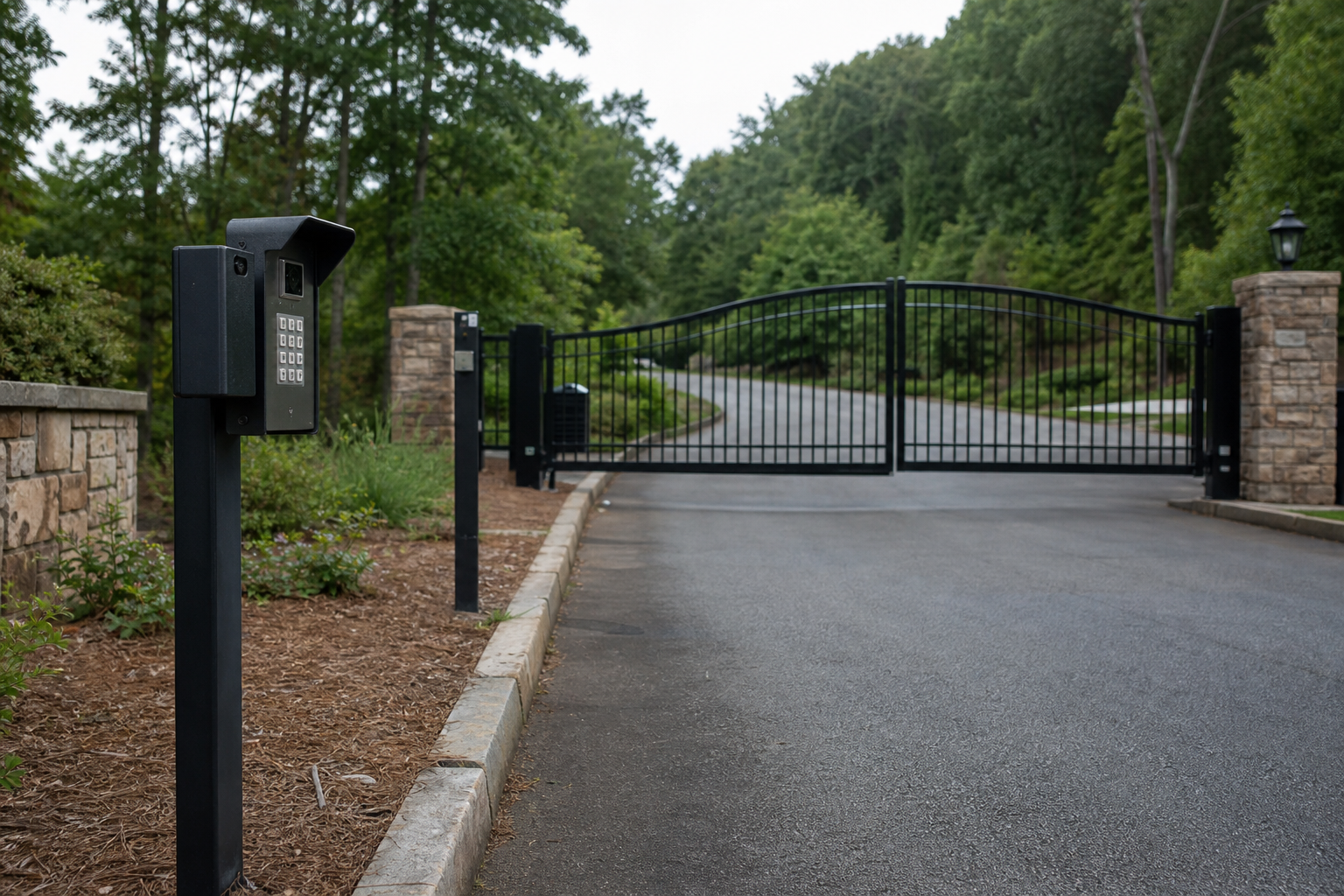 Property manager using a smartphone to open a gated apartment community entrance remotely
