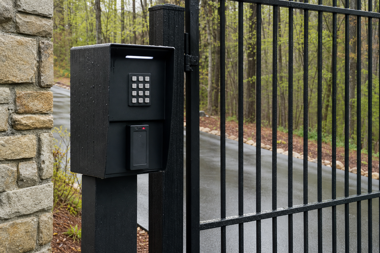 Weatherproof outdoor gate keypad and voice intercom pedestal beside a community entry lane