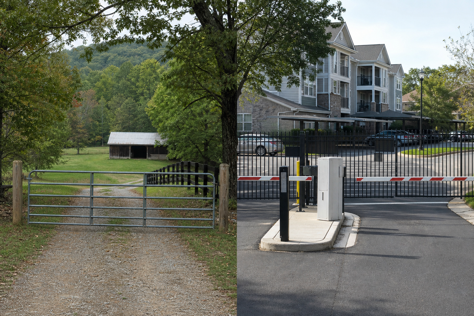 Side-by-side contrast of a rural farm driveway gate and a commercial parking barrier gate