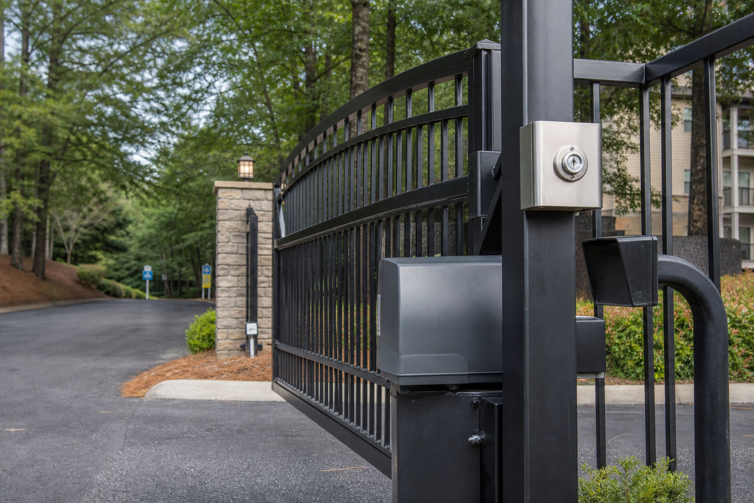 Automated community gate with emergency access key switch and battery backup enclosure