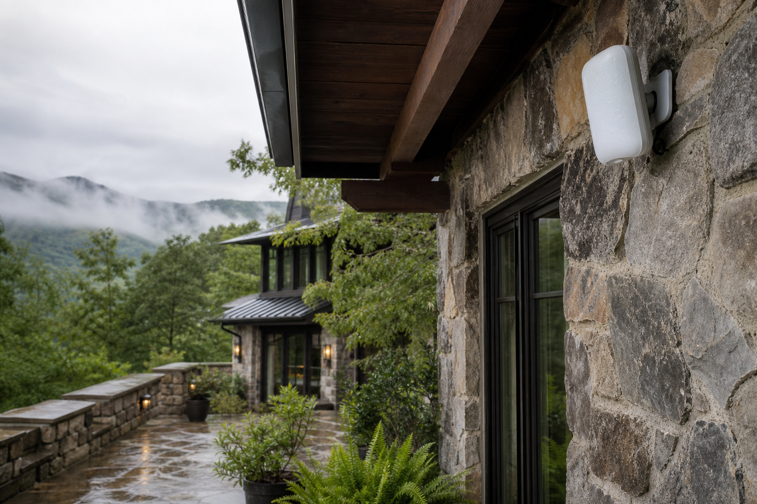 Weatherproof outdoor access point or camera mounted under a mountain home porch eave after rain