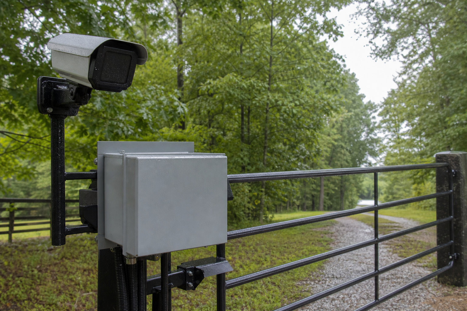 Weather-sealed outdoor gate operator enclosure and camera housing in rain near a driveway gate