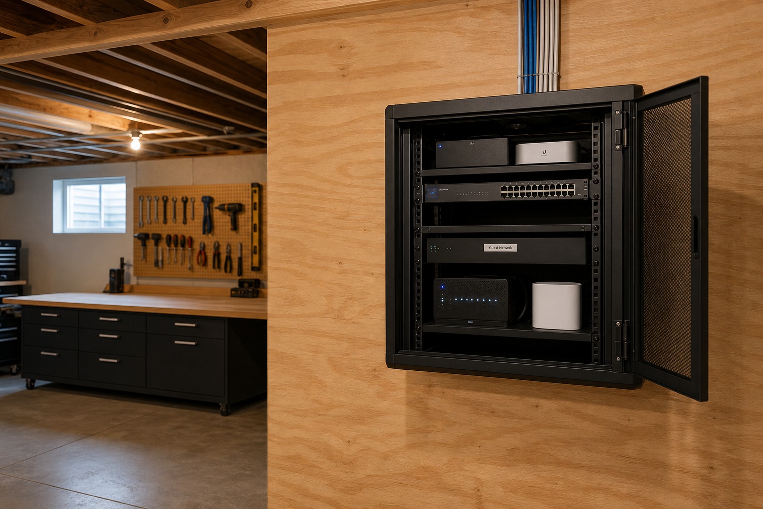 Network equipment rack with a clean cable bundle feeding in from the top